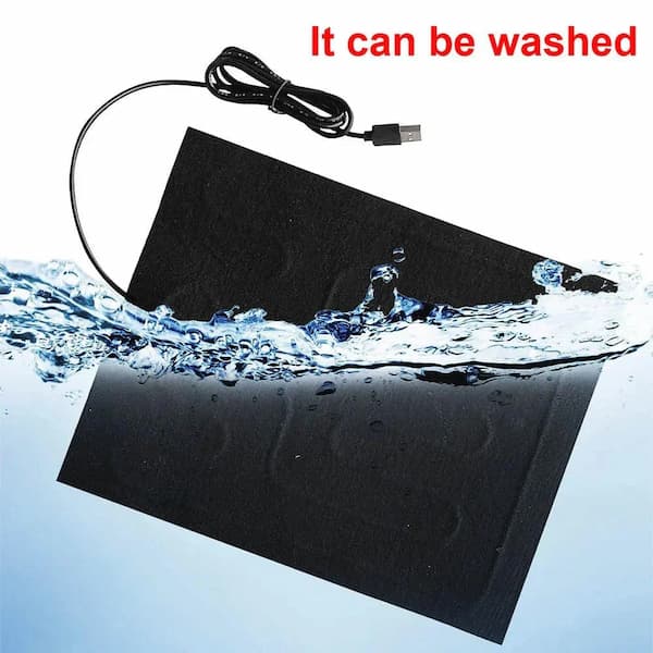 Black USB-heated mat with water splashes and text 'It can be washed' on a light blue background.