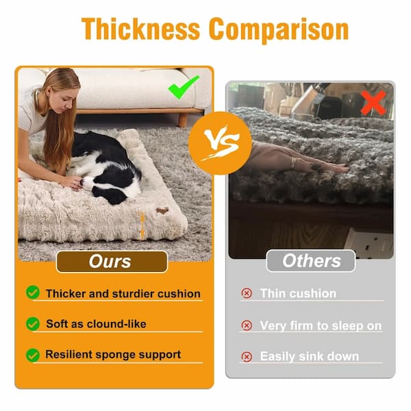 Comparison of a thicker and sturdier cushion with a thinner one, showing a woman and her dog on a thick cushion and a person on a thin cushion.