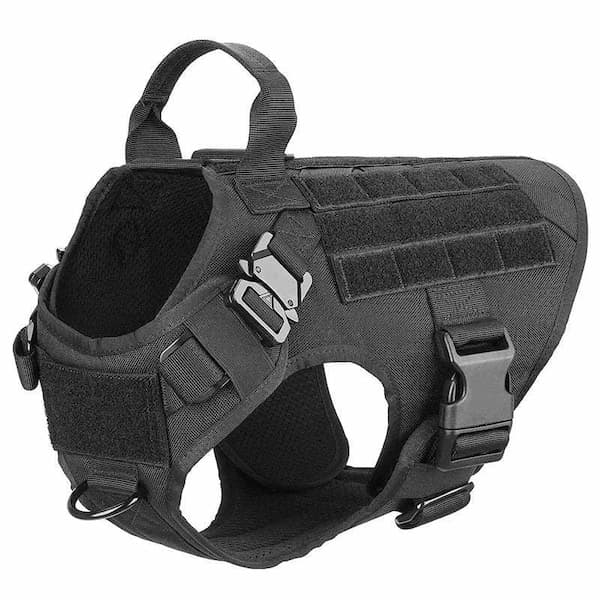 Black tactical dog harness on a white background