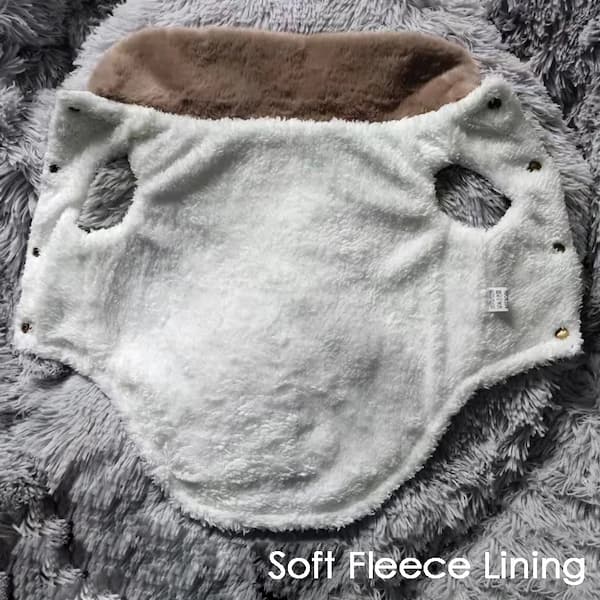 White fleece pouch with brown interior on a gray textured background