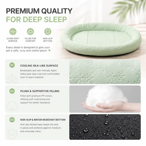 A light green oval pet bed shown on a light wood floor with marketing text and feature panels about soft fabric, plush filling, and a non-slip water-resistant base.