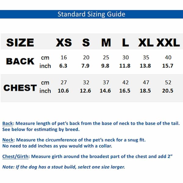 Standard sizing guide for pet clothing with measurements in centimeters and inches.