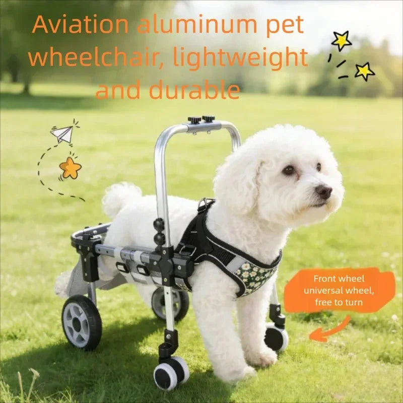White dog using an aviation aluminum pet wheelchair on grass