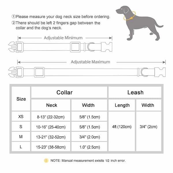Measurement chart for dog collars and leashes with size guide and instructions.