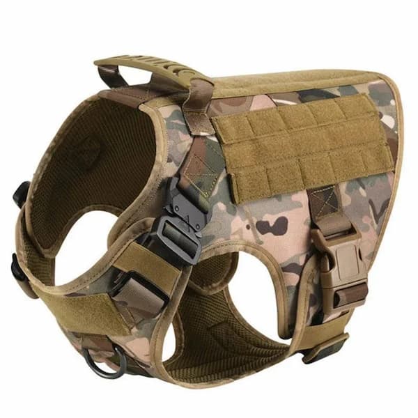 Camouflage dog harness with multiple straps on a white background