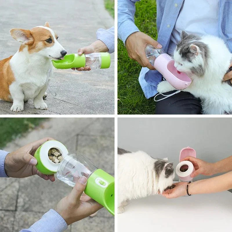 Portable dog water bottle and food bowl, ideal for outdoor travel, hikes, and road trips, leak-proof and lightweight design.