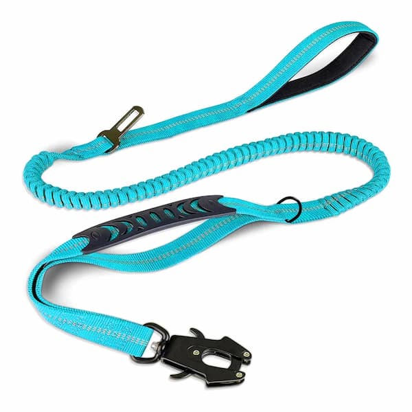 Turquoise Reflective tactical bungee dog leash with locking carabiner shock absorbing design adjustable length