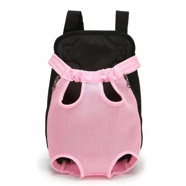 Black pet carrier with a pink mesh front on a white background