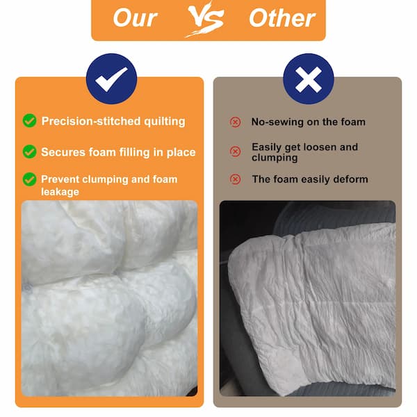 Precision-stitched orthopedic dog bed filling versus poorly stitched competitors.