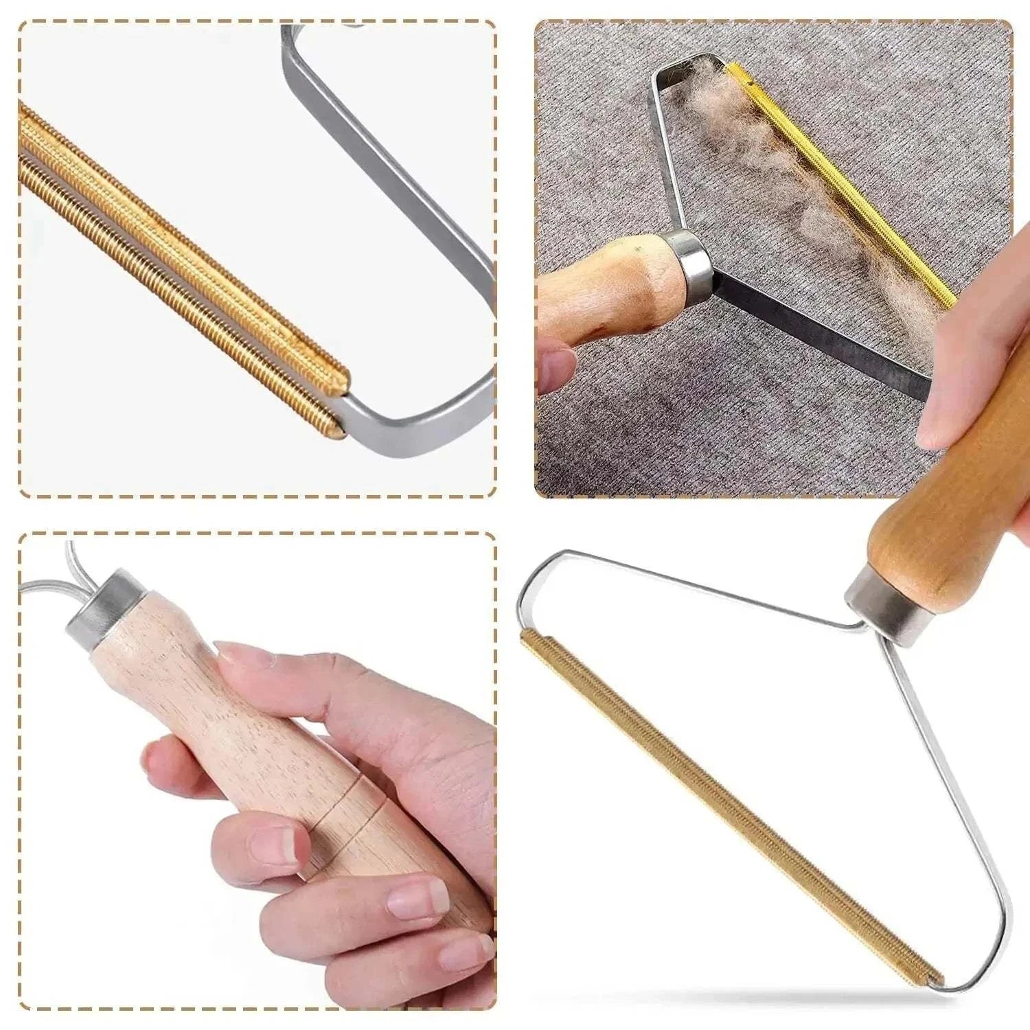 Portable lint remover scraping pet hair from a wool coat, reusable manual cleaning tool for carpets, clothes, and upholstery.