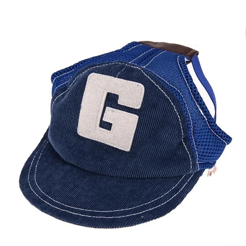 Blue dog sun protection hat with a white 'G' logo on a white background