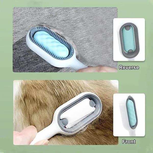 Pet grooming brush with front and reverse views on a green background