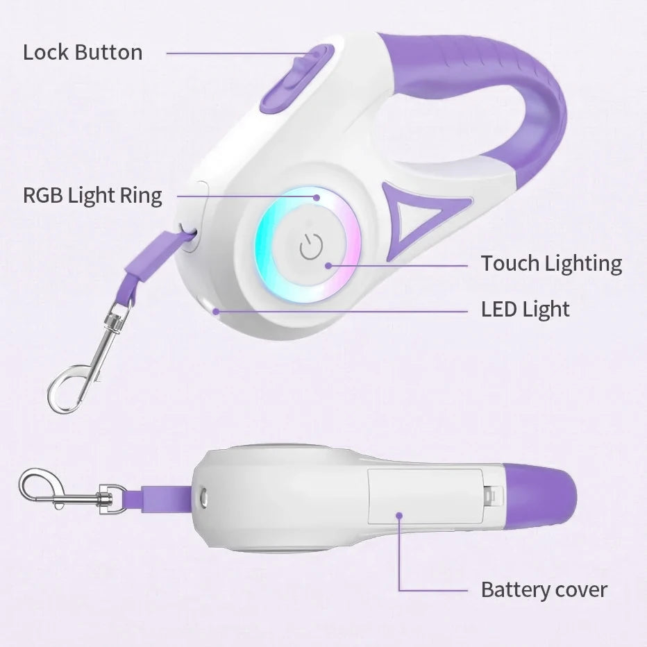White and purple pet retractable leash with RGB light ring and touch lighting, labeled parts on a white background.