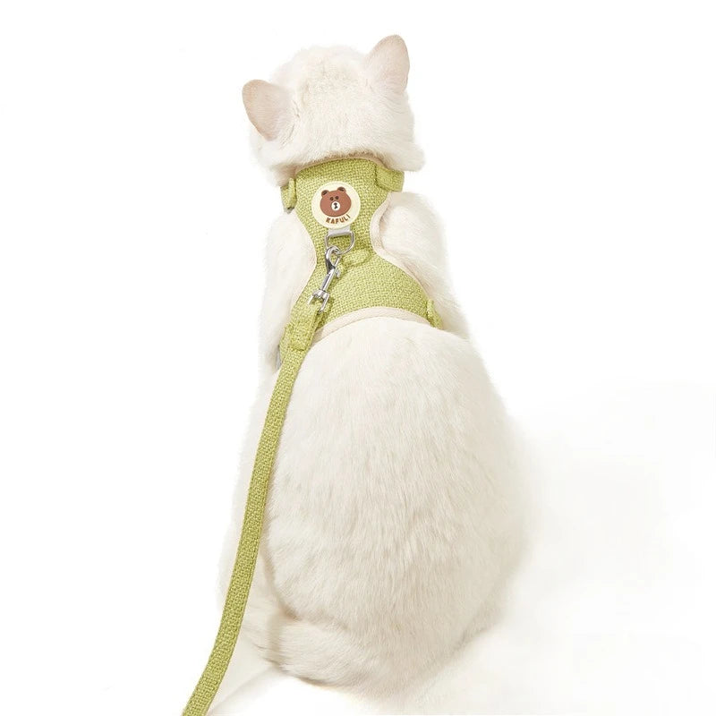 White cat wearing a green harness and leash on a white background