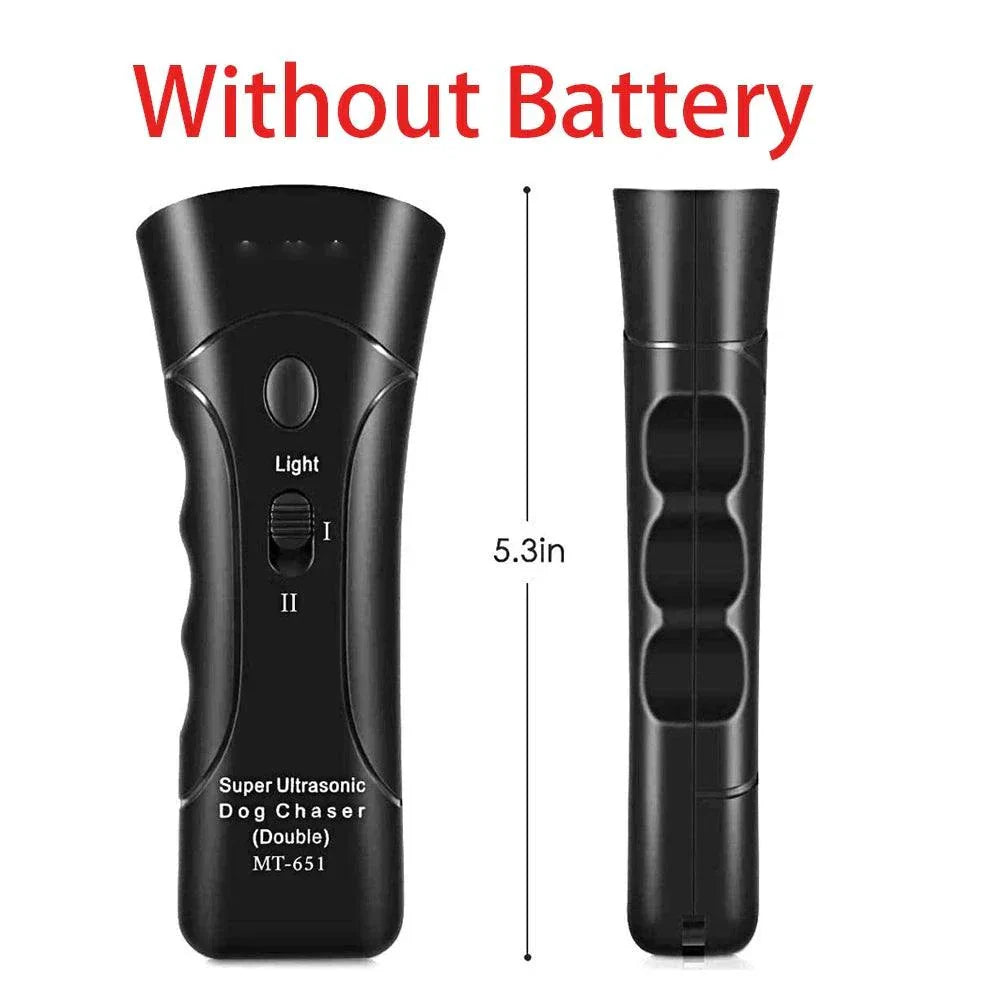 LED ultrasonic pet dog repeller for training, black plastic, 5.3 inches tall, battery not included.