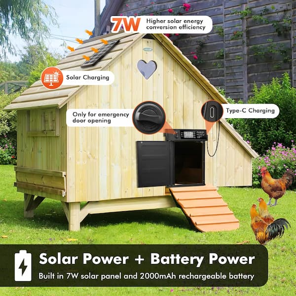 Wooden chicken coop with solar panel and battery system on a grassy area with chickens.