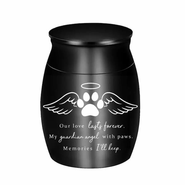 Black urn with paw print design and text on a white background