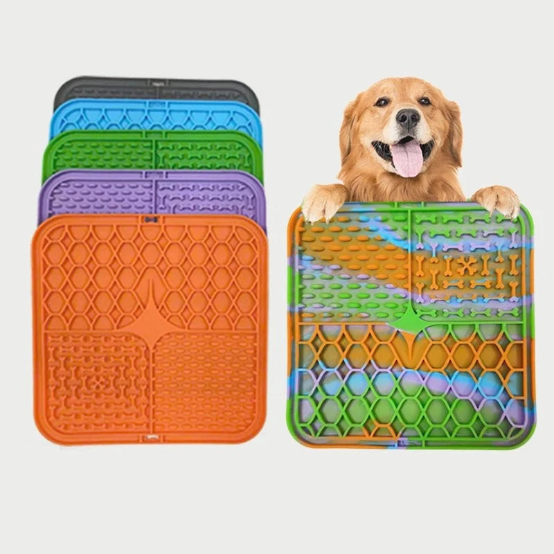 Silicone lick mat for pets, slow feeder plate with suction cup, ideal for dog and cat grooming, bathing, and training.