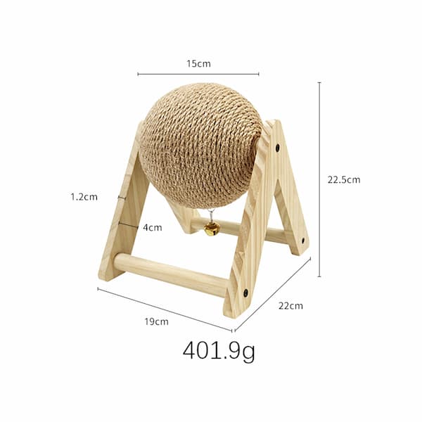 Wooden cat toy with a spherical rope ball and measurements on a white background
