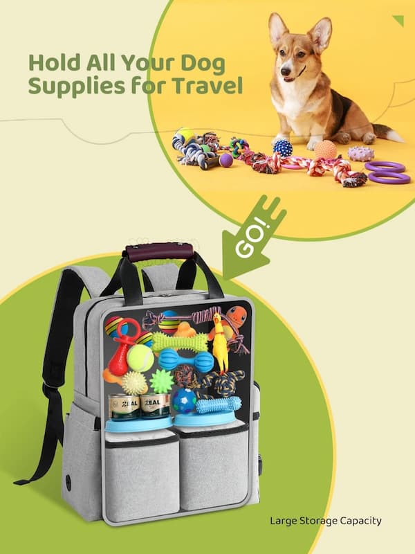 Dog travel bag with dog toys and a corgi on a yellow background