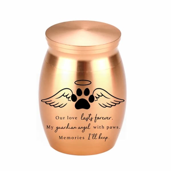Copper-colored urn with paw print design and text on a white background