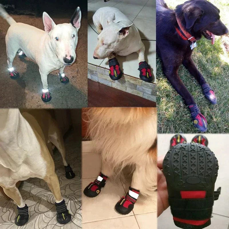 Reflective waterproof pet shoes for medium and large dogs, non-slip with warm protection, 4-piece set.