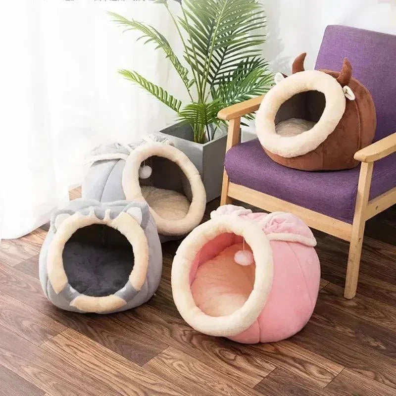 Round cat bed house with a cozy cave design, soft cushion, and tent structure, suitable for cats, kittens, and small dogs.