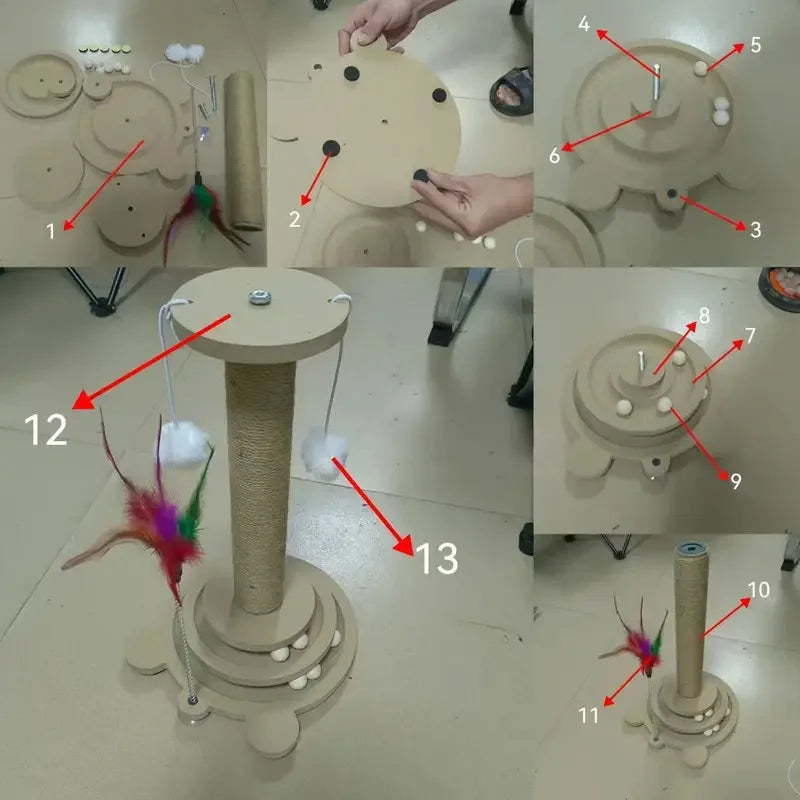 Step-by-step assembly of a cat toy structure with labeled parts.