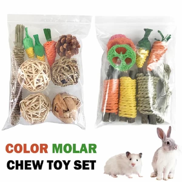 Color Molar Chew Toy Set with two packages and two small animals on a white background