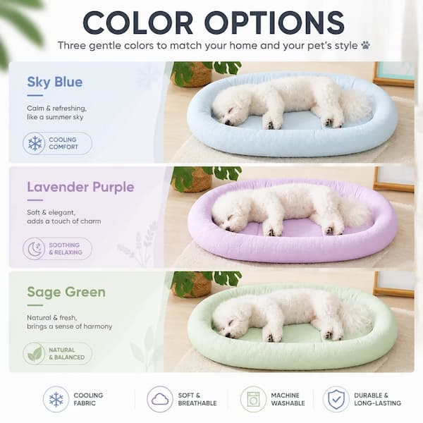 Color options infographic for a pet bed, showing three soft round pet beds in Sky Blue, Lavender Purple, and Sage Green, each with a white dog sleeping inside. The image includes descriptive text and feature icons for cooling fabric, soft breathable fabric, machine washable fabric, and durable long-lasting fabric.