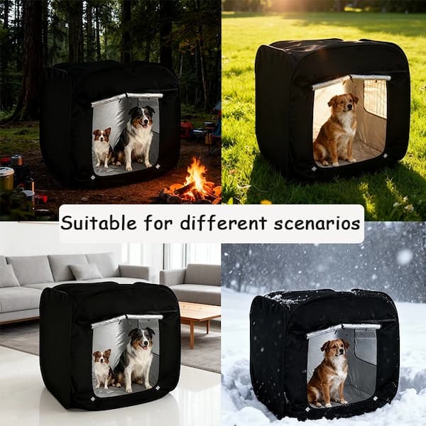 Dog in a portable black pet tent in various outdoor settings.