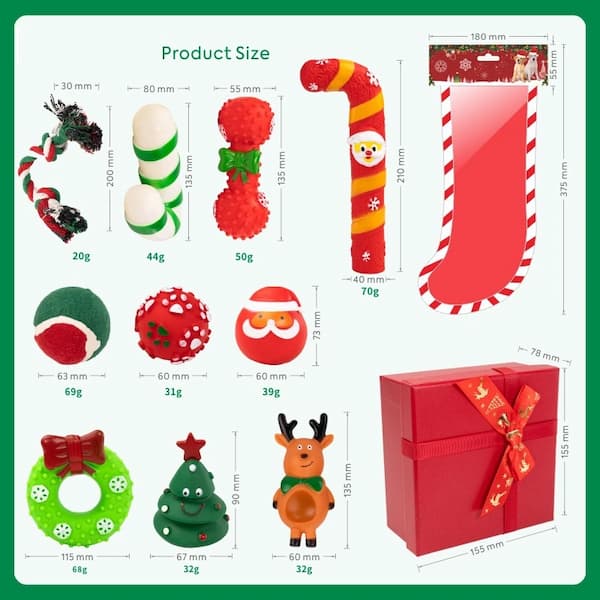 Product size chart with Christmas-themed toys and a gift box on a green background