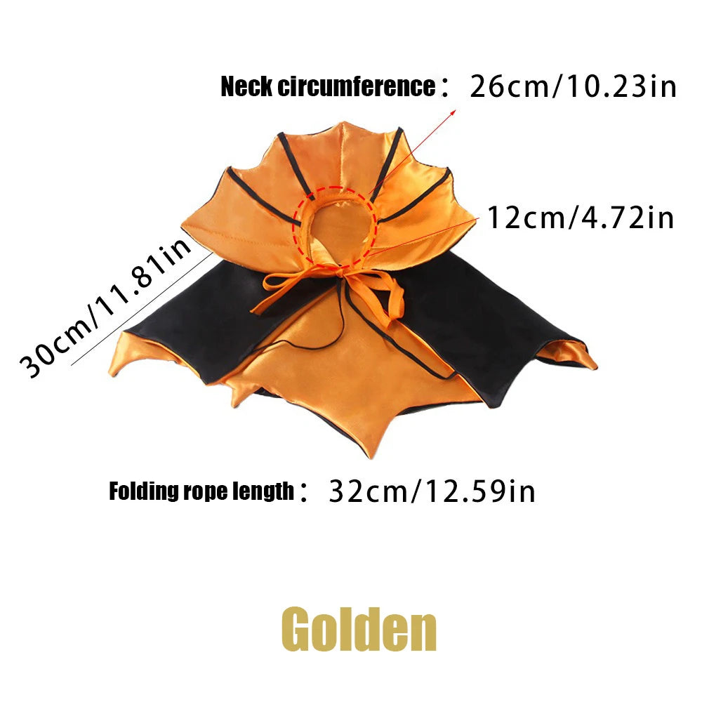 A golden bat-wing shaped necktie or costume accessory with black trim, shown on a white background with measurement text indicating neck circumference, wing span, and folding rope length.