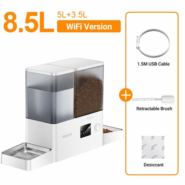 Pet food dispenser with 8.5L capacity and WiFi version, including USB cable, retractable brush, and desiccant on a white background.