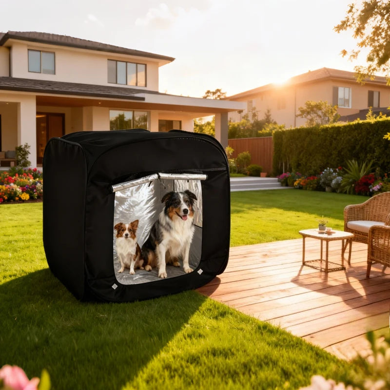 Two dogs inside a black pet tent on a grassy lawn with a house and garden in the background.