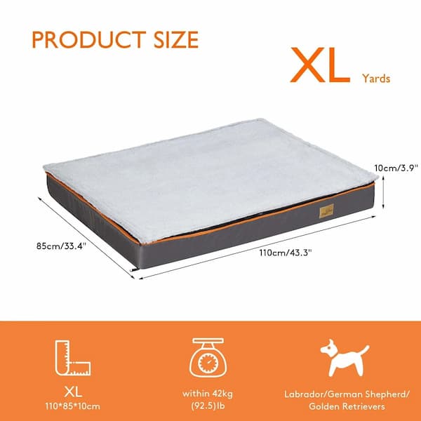 Measurement chart for a dog bed with dimensions and weight guidelines on an orange background