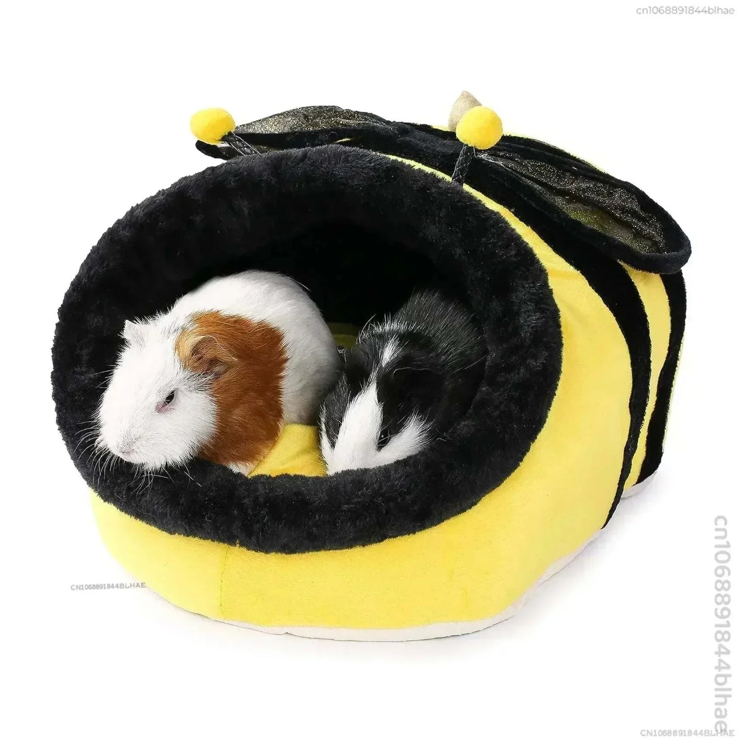 Pet house for small animals shaped like a bee with guinea pigs resting inside, offering warmth and comfort.