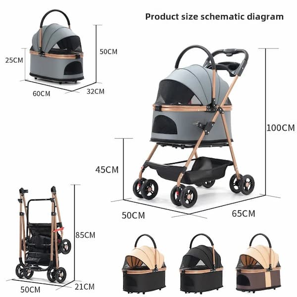 Pet stroller with dimensions and color options on a white background