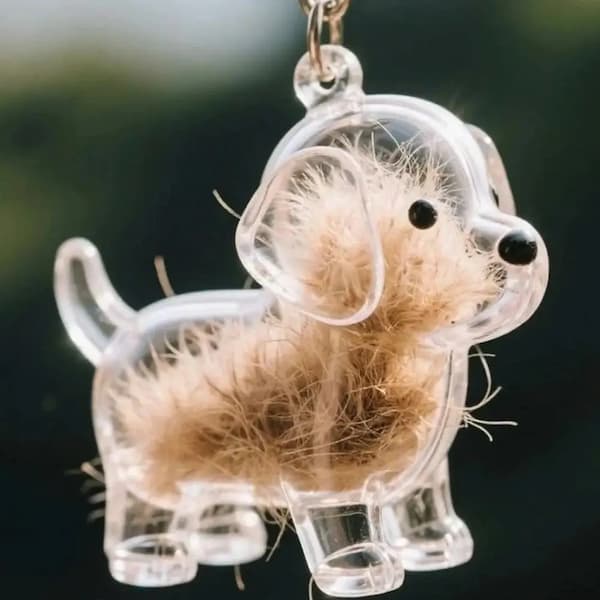 Dog-shaped keychain with clear plastic frame on a dark background