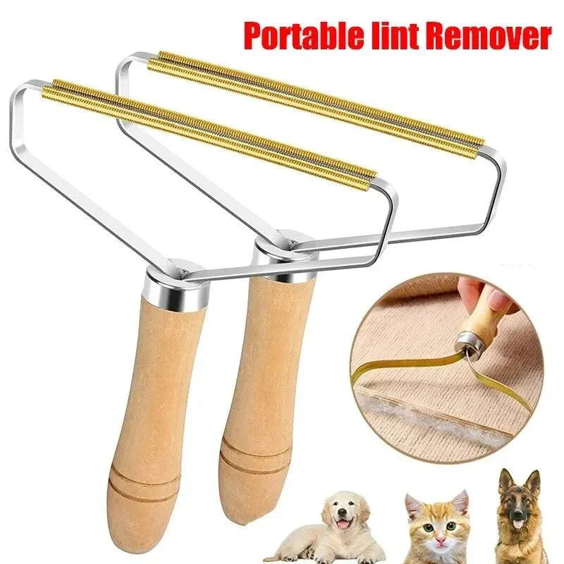 Portable lint remover scraping pet hair from a wool coat, reusable manual cleaning tool for carpets, clothes, and upholstery.