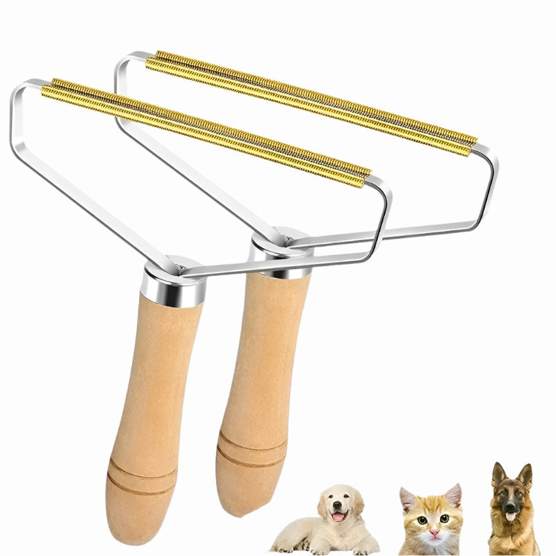Portable lint remover scraping pet hair from a wool coat, reusable manual cleaning tool for carpets, clothes, and upholstery.