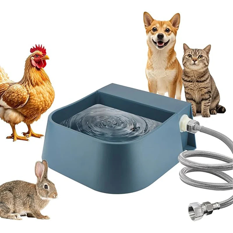 Automatic Outdoor Pet Water Dispenser with hose. Designed for dogs, cats, chickens, and rabbits. Self-filling 2L water bowl for outdoor pet hydration during summer.

