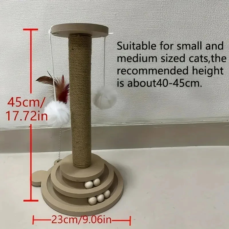 Cat play structure with dimensions and text on a neutral background