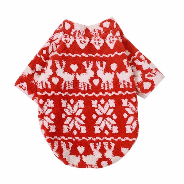 Red and white patterned dog sweater on a white background