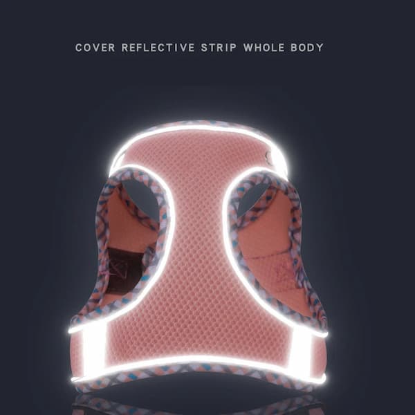 Reflective dog harness on a black background with text 'Cover Reflective Strip Whole Body'.
