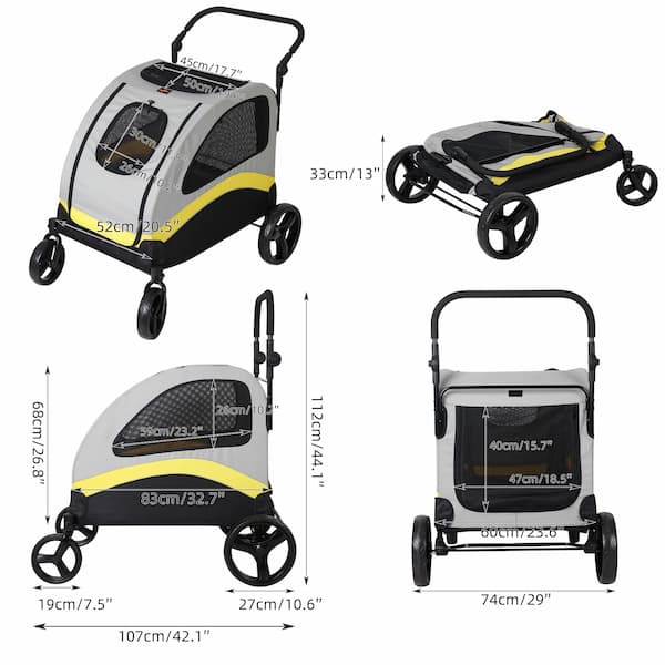 Pet stroller with dimensions displayed on a white background