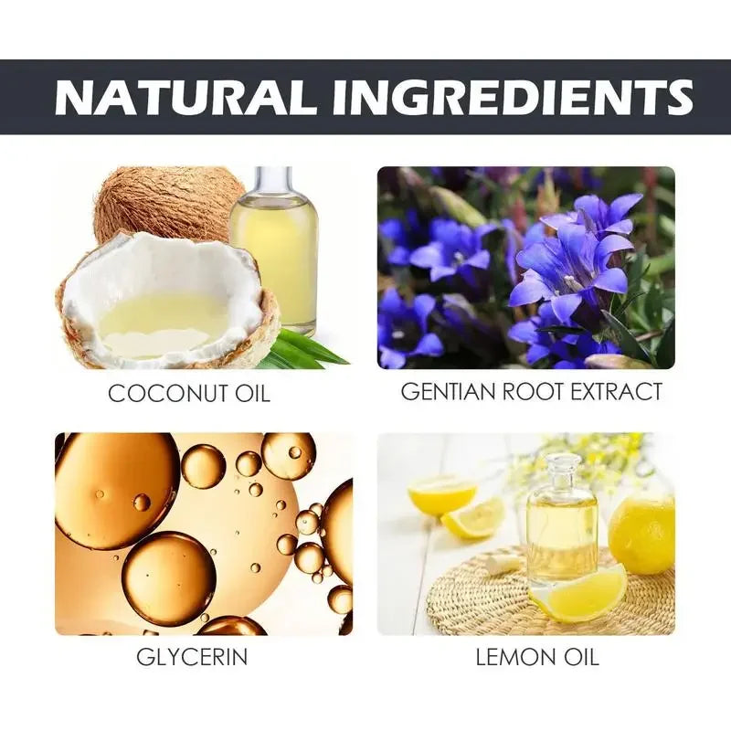 Collage of natural ingredients including coconut oil, gentian root extract, glycerin, and lemon oil with corresponding images for pet paw cleaner.