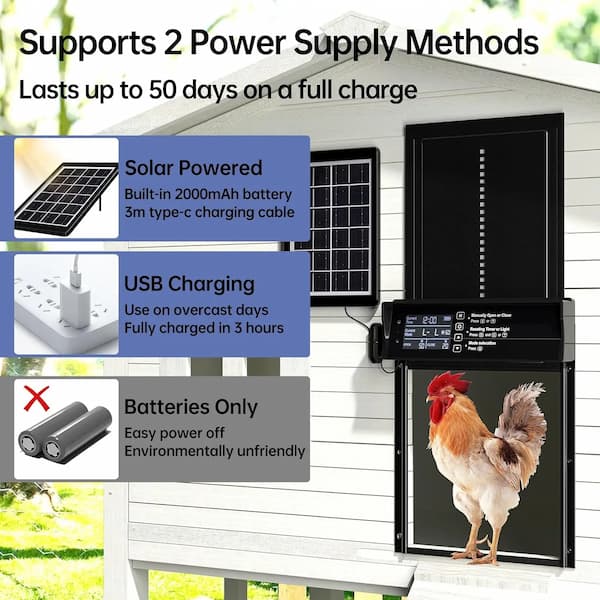 Solar-powered chicken feeder with power supply methods and battery information displayed.