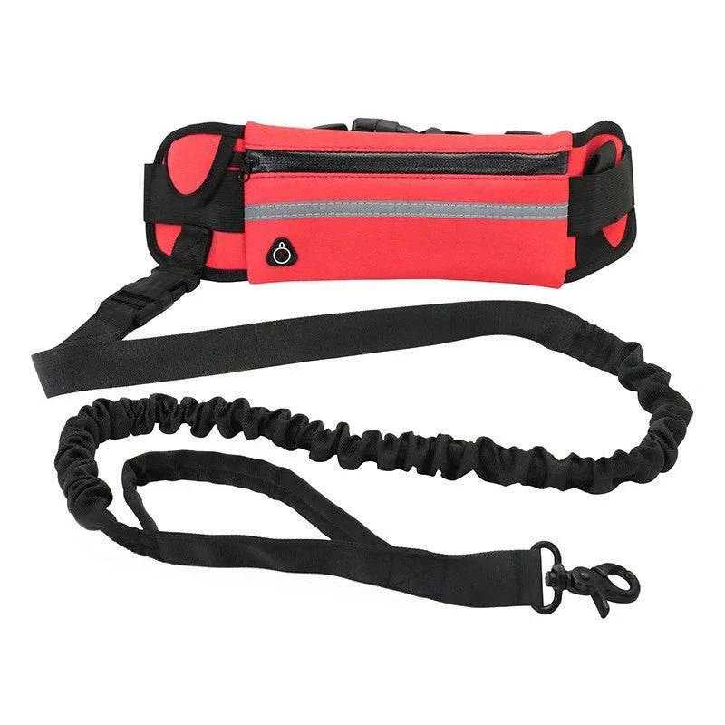 Hands-Free Reflective Dog Leash – pet owner jogging with a dog, featuring an adjustable waist bag and elastic leash