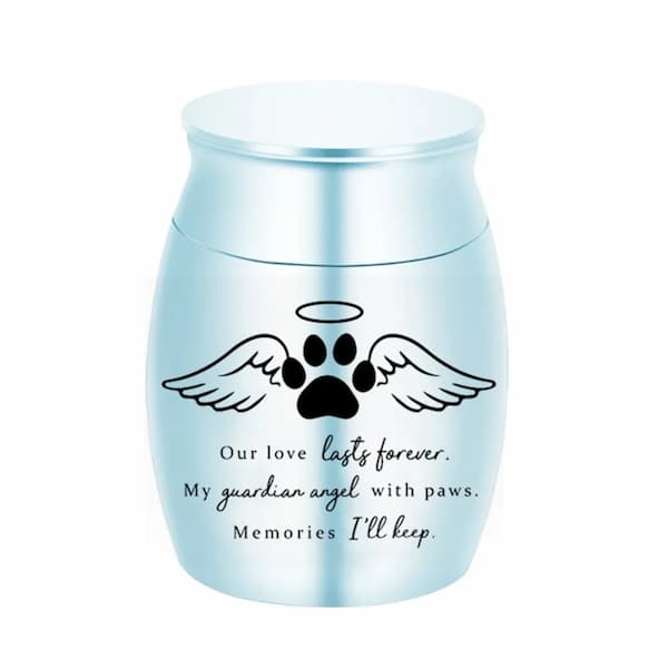 Ceramic urn with paw print design and text on a white background